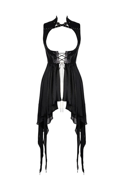 Black Chiffon Sleeveless Cut-Out Chest Irregular Hem Lace-Up Buckled Women's Punk Jacket