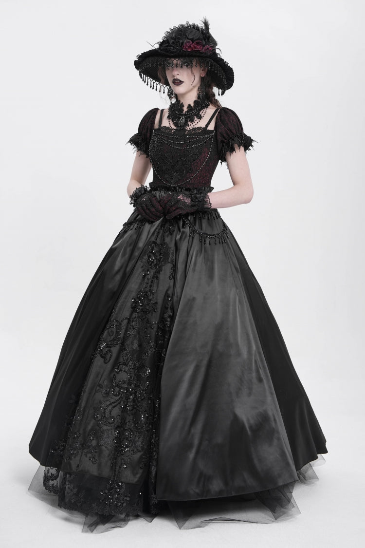 Black Off Shoulder Short Sleeves Jacquard Cardigan Stitching Lace Women's Gothic Dress