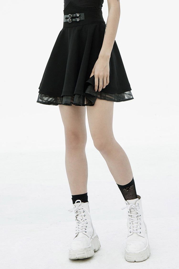 Black Front Metal Buckle Loops High Waist Splice Mesh Women's Punk Skirt