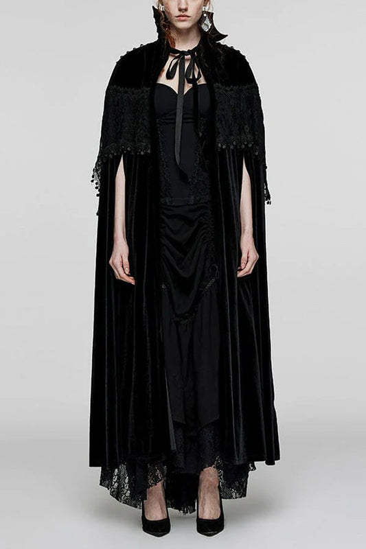 Black Bat Stand Collar Stitching Lace Nails Decorated Womens Gothic Cloak