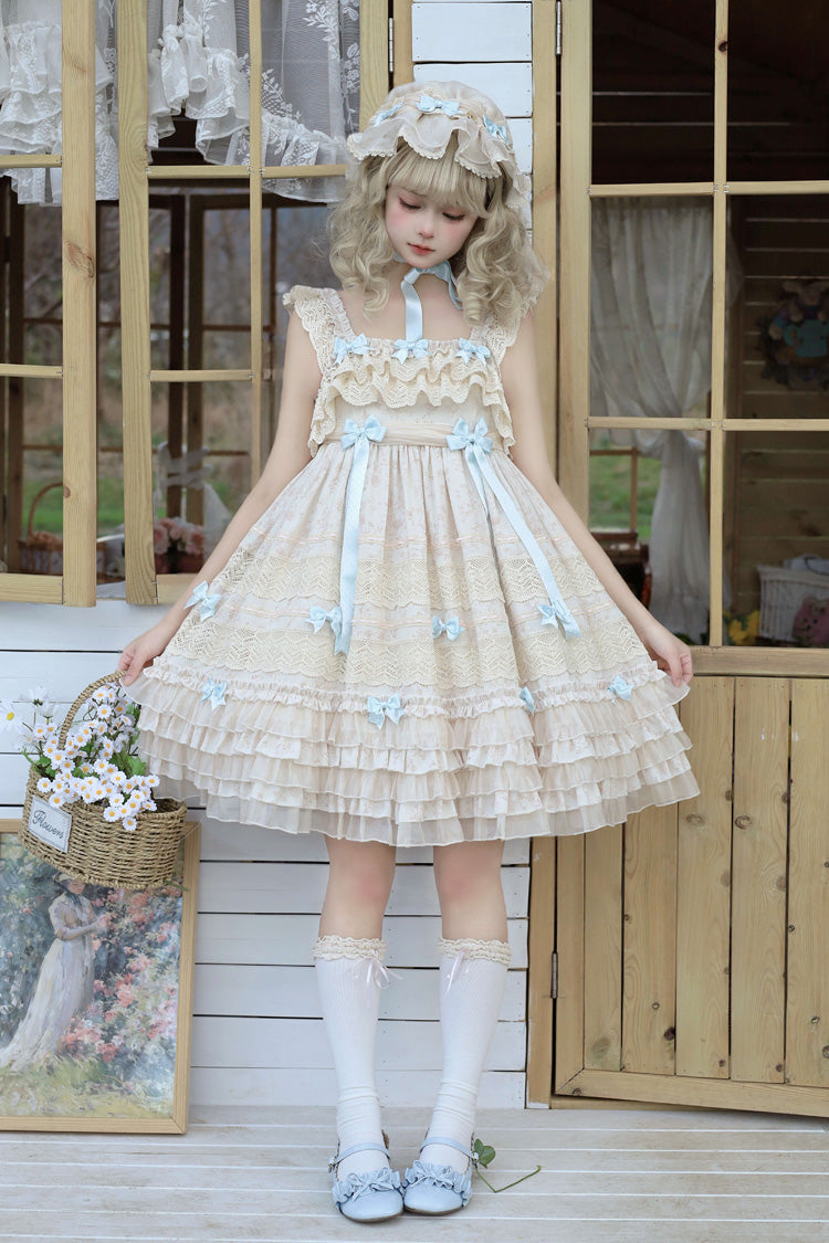 Beige [Little Wind Chime] Sleeveless Multi-Layered Printed Ruffled Bow Lace Sweet Elegant Princess Lolita Jsk Dress
