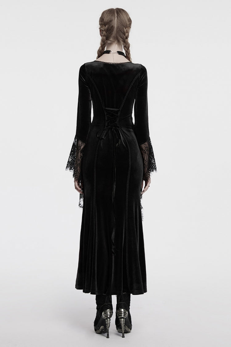 Black Long Sleeves Floral Embroidery Stitching Lace Women's Gothic Gown Dress