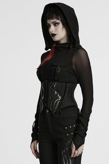 Black Irregular Mesh Zipper Women's Punk Underbust Corset