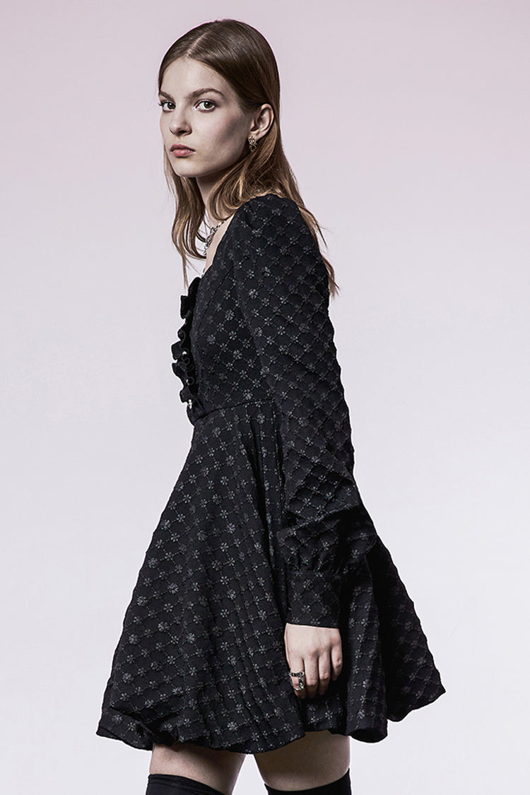 Black Flower Type Pearl Nail Square Neck Tucked Waist Flower Bud Women's Punk Dress