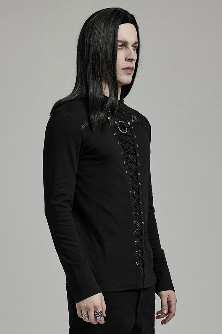 Black Long Sleeves Stitching Lace-Up Ripped Men's Punk Blouse
