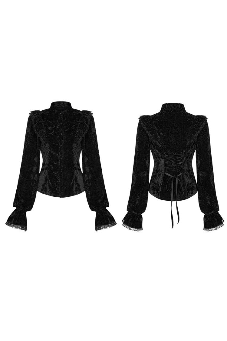 Black Gothic Velvet High Collar Front Chest Flounce Lace Cuff Back Waist Lace Up Print Women's Blouse