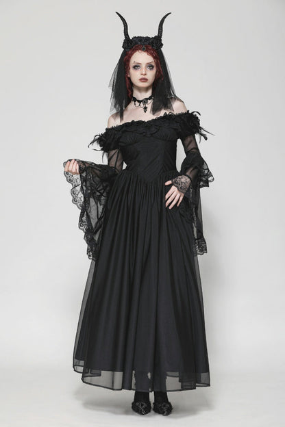 Black Off Shoulder Boat Neck Multi-Layered Long Trumpet Sleeves Lace Spliced Tulle Lace-Up Women's Gothic Fantasy Dress