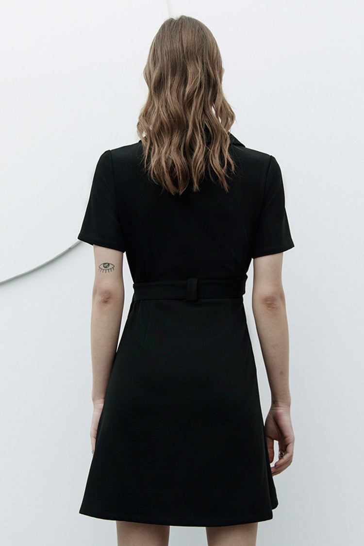 Black Lapel Metal Buckle Belt Collect Waist A-Shape Hem Women's Punk Dress