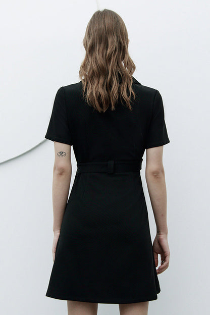Black Lapel Metal Buckle Belt Collect Waist A-Shape Hem Women's Punk Dress