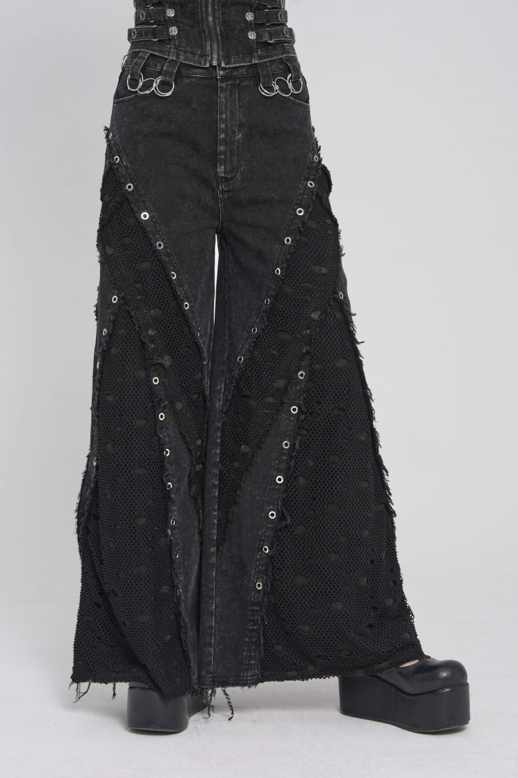 Black Cut-Out Spliced Mesh Eyelet Women's Punk Layered Ripped Pants