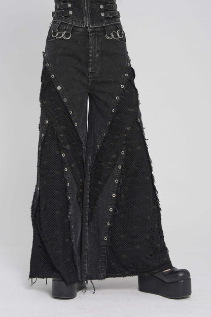 Black Cut-Out Spliced Mesh Eyelet Women's Punk Layered Ripped Pants