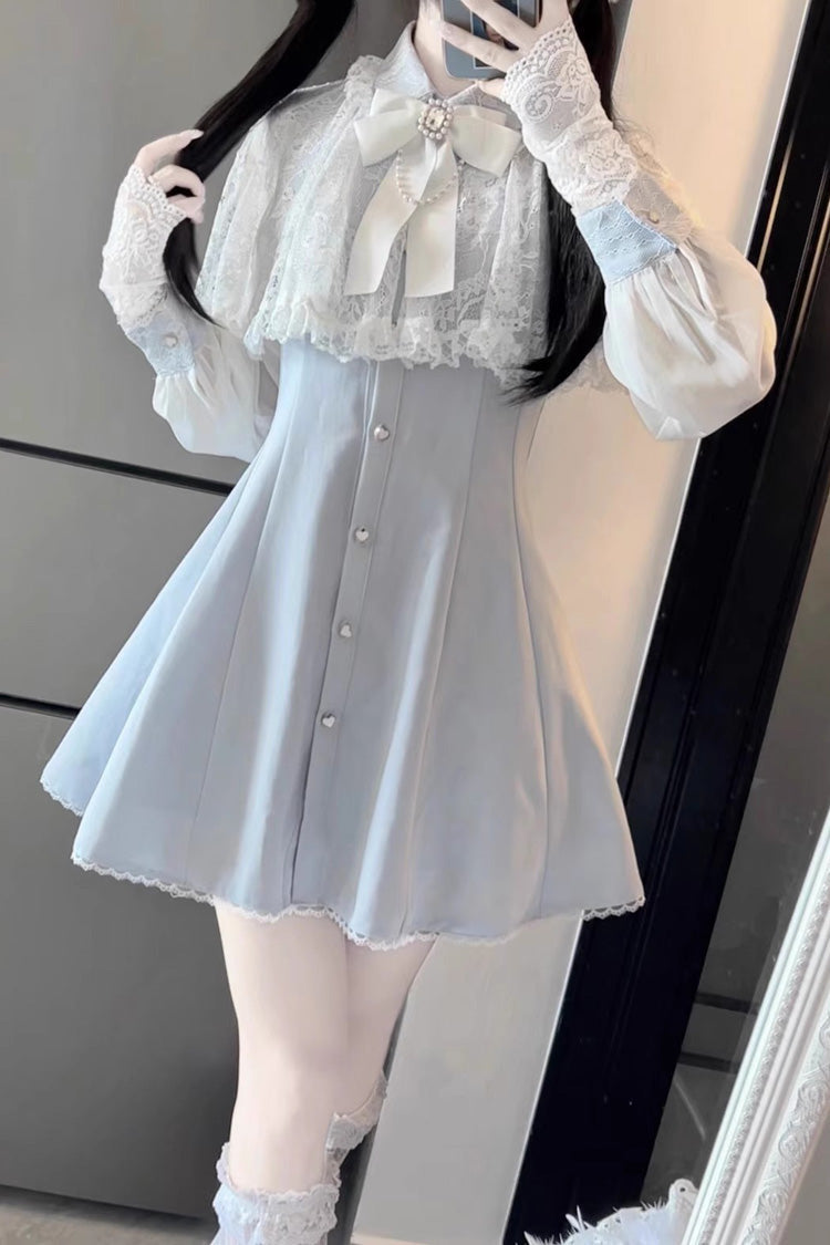 Aqua Shawl Lace Chiffon Long Sleeves Lace Slim Jirai Kei Dress