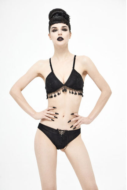 Black Dark Grain Jacquard Tassel Lace Up Gothic Swimsuit