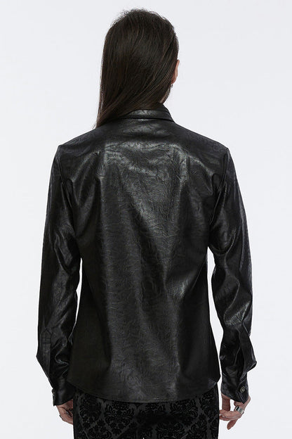 Black Lapel Collar Long Sleeves Buckle Skull Metal Men's Gothic Blouse