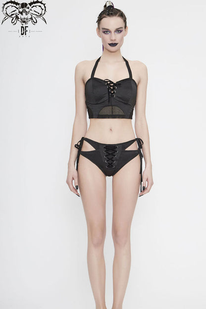 Black Lace-Up Waist Mesh Women's Punk Swimsuit Top