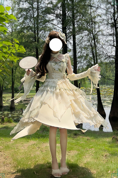 Apricot Print Ruffle Embroidery Bowknot Lace Sweet Chinese Style Lolita Jsk Dress Full Set