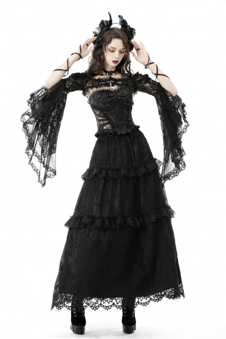 Black Off Shoulder Lace Long Trumpet Sleeves Floral Mesh Women's Gothic Cape