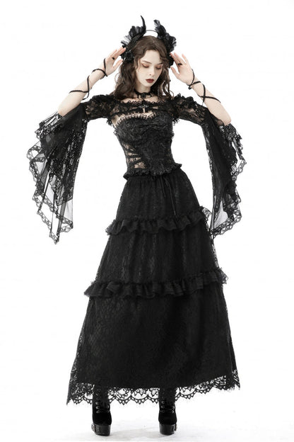 Black Off Shoulder Lace Long Trumpet Sleeves Floral Mesh Women's Gothic Cape