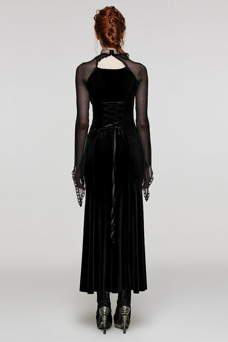 Black Long Sleeves Hollow Stitching Lace Sheer Women's Gothic Gorgeous Dress
