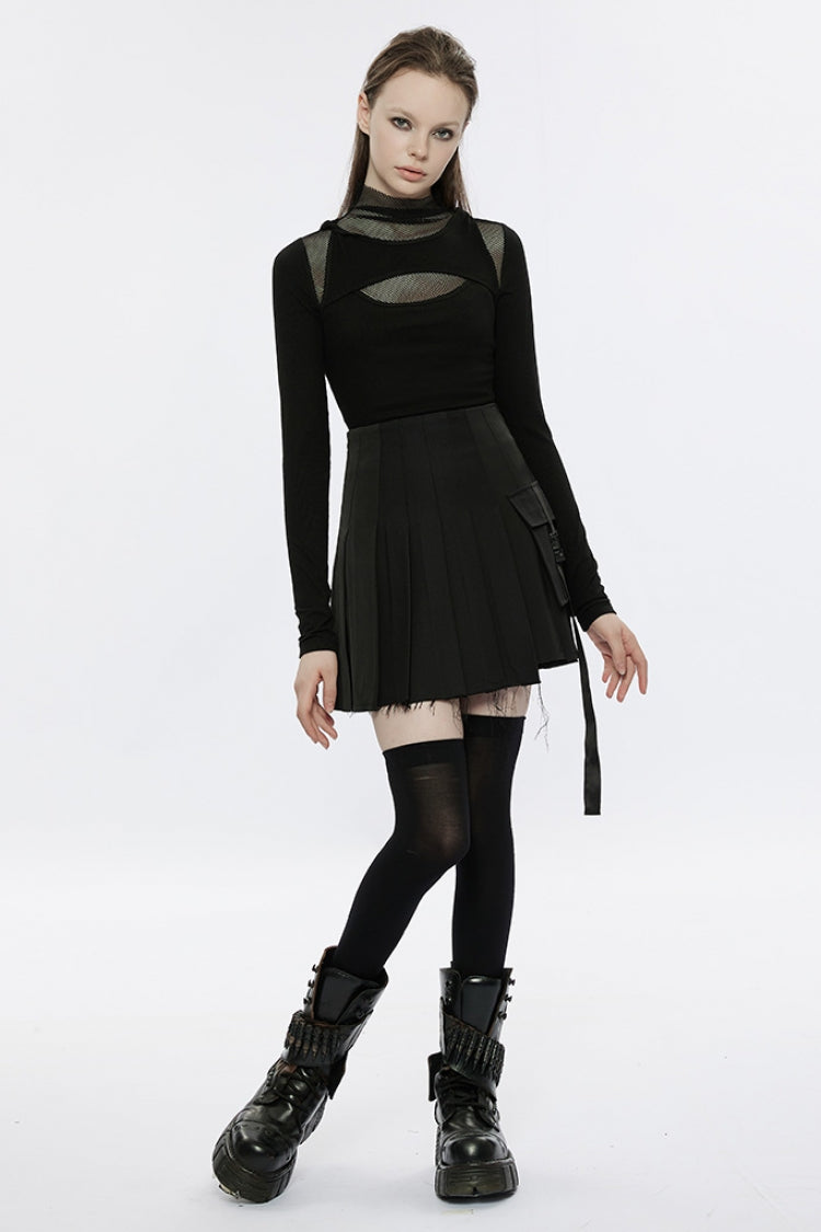 Black Long Sleeves Hollow Mesh Color Matching Fake Two Pieces Women's Punk T-Shirt