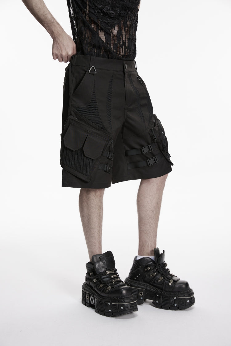 Black Buckled Men's Punk Cool Shorts with Big Pockets