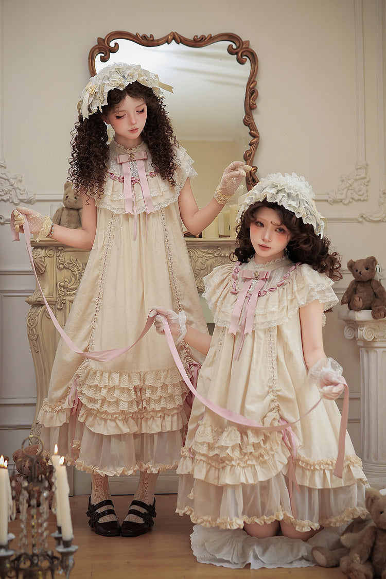 Apricot [Lily's Dream] Stand Collar Short Sleeves Loose-Fit Doll-Like Multi-Layered Ruffled Bow Lace Sweet Lolita Dress 2 Versions