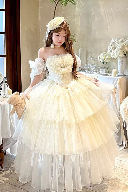 Beige [Mousse Serenade] Triple-Layered Ruffled Hanayome Bow Lace Sweet Princess Lolita Strapless Dress
