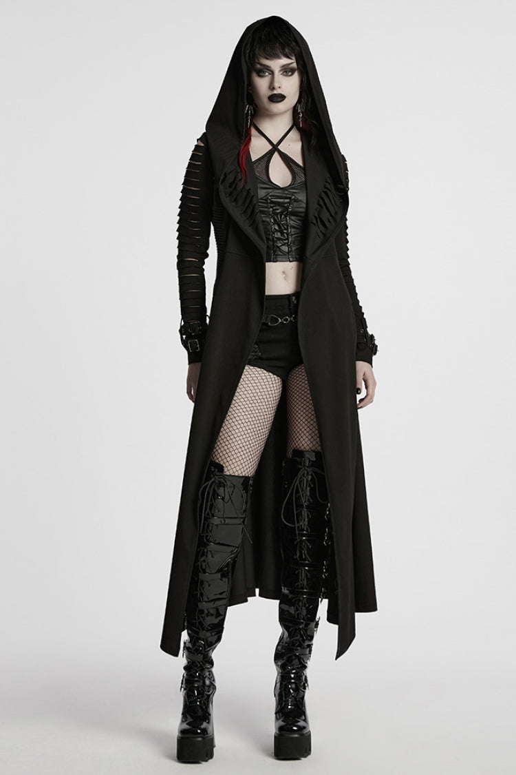 Black Long Sleeves Hooded Ripped Buckle Women's Punk Long Coat
