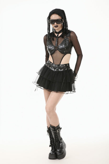 Black Metal Studded Women's Punk Faux Leather Bustier Crop Top with Adjustable Clasps