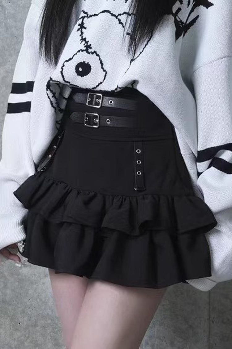 Black High Waisted Ruffle Leather Buckle Gothic Jirai Kei Japanese Skirt
