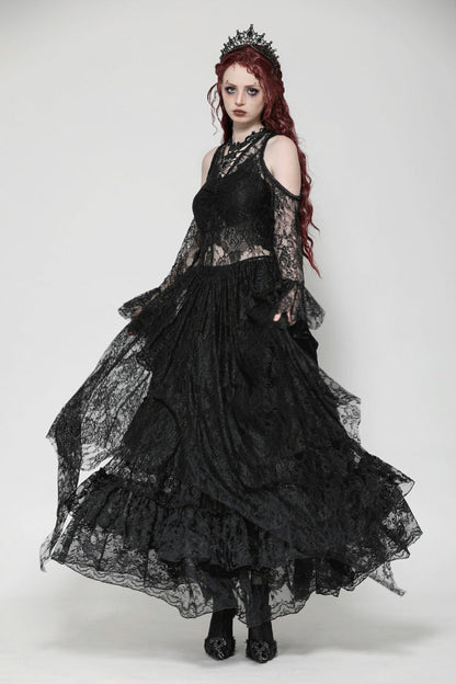 Black Off Shoulder Long Sleeves Women's Gothic Irregular Lace Dress Wedding Dress