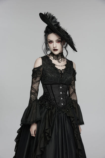 Black Jacquard Lace-Up Slim Women's Gothic Tassels Corset