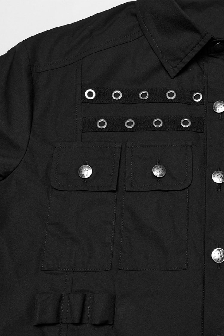 Black Lapel Collar Short Sleeves Men's Pocket Eyelet Punk Blouse