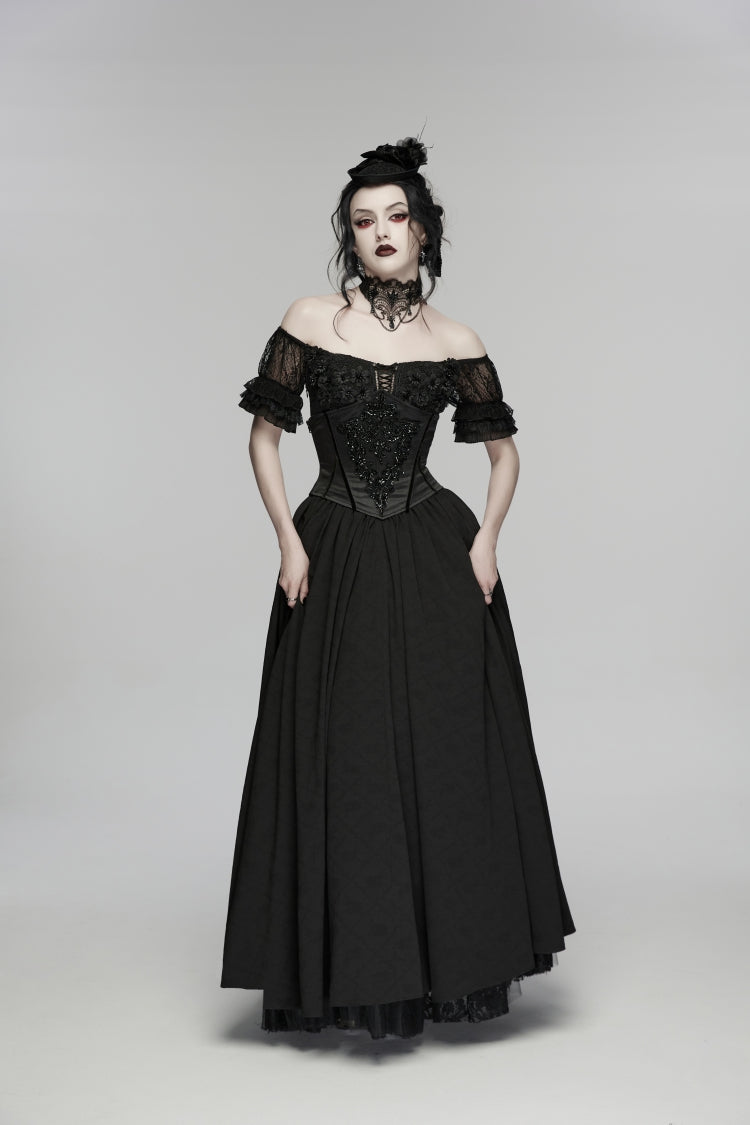 Black Off Shoulder Short Puff Sleeves Ruffled Hanayome Embroidered Lace Women's Gothic Elegant Gorgeous Dress