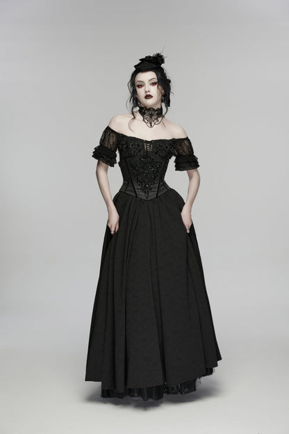 Black Off Shoulder Short Puff Sleeves Ruffled Hanayome Embroidered Lace Women's Gothic Elegant Gorgeous Dress