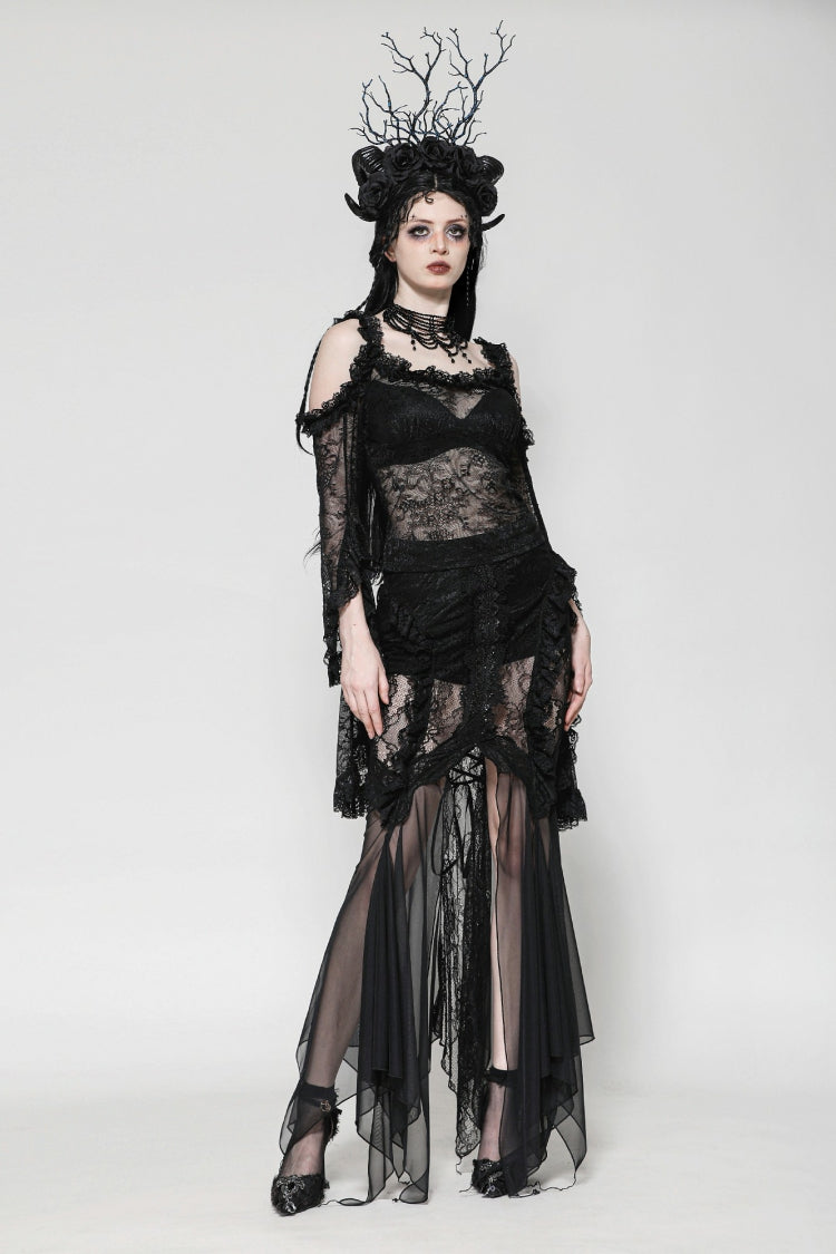 Black Off Shoulder Long Flare Sleeves Lace Women's Gothic Romantic Top