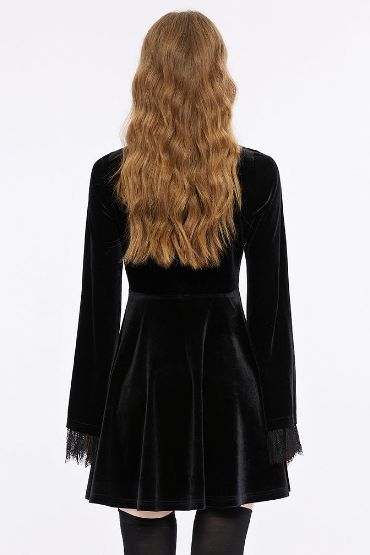 Black Long Trumpet Sleeves Hollow Lace Women's Gothic Dress