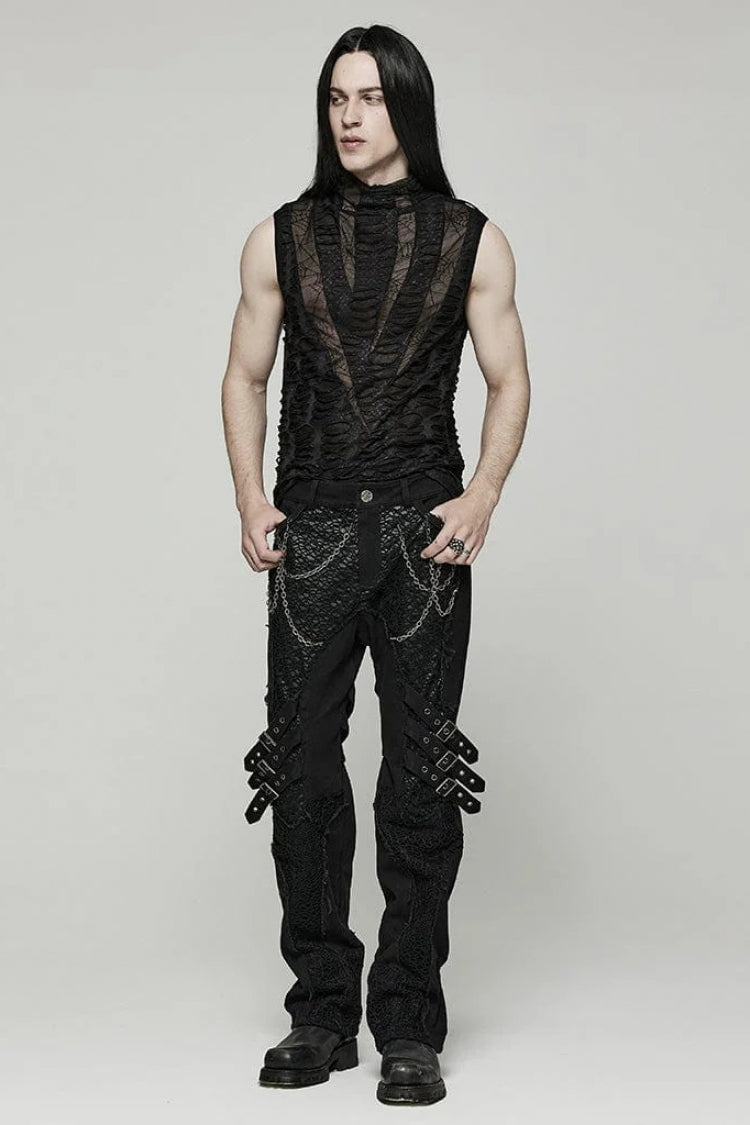 Black High Collar Hollow Spider Mesh Ripped Asymmetric Mens Gothic Vest