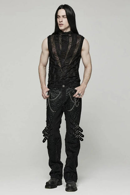 Black High Collar Hollow Spider Mesh Ripped Asymmetric Mens Gothic Vest
