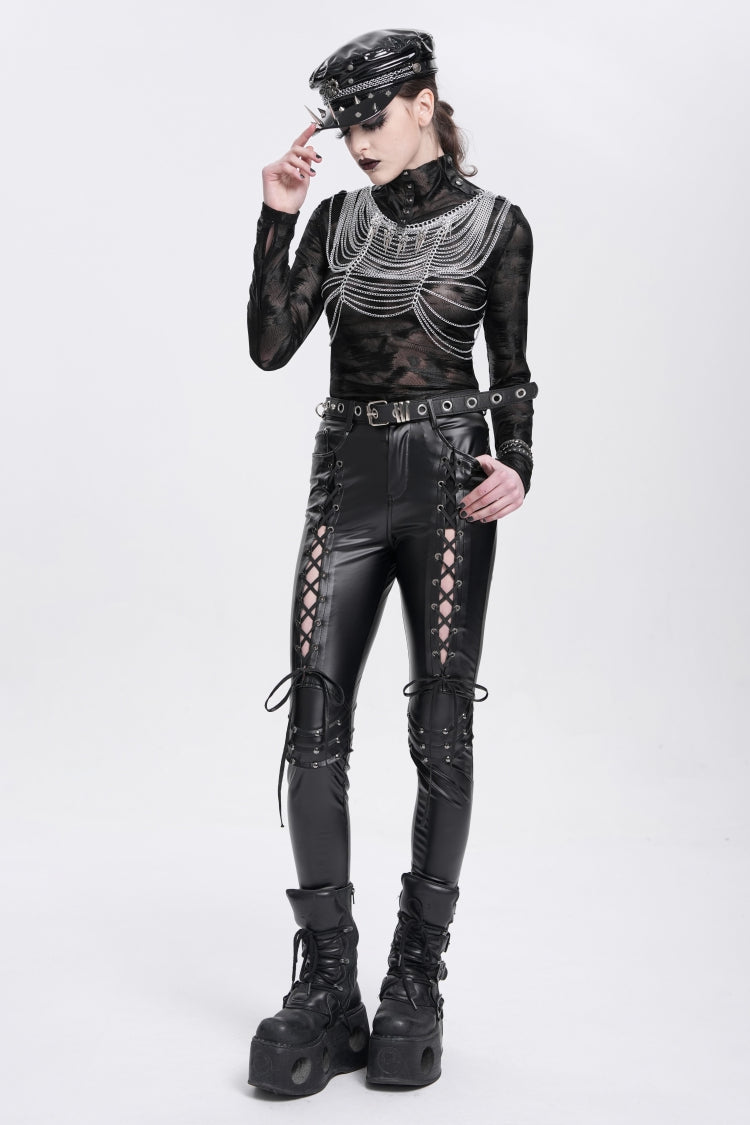Black Lace-Up Ripped Rivet Women's Punk Pants