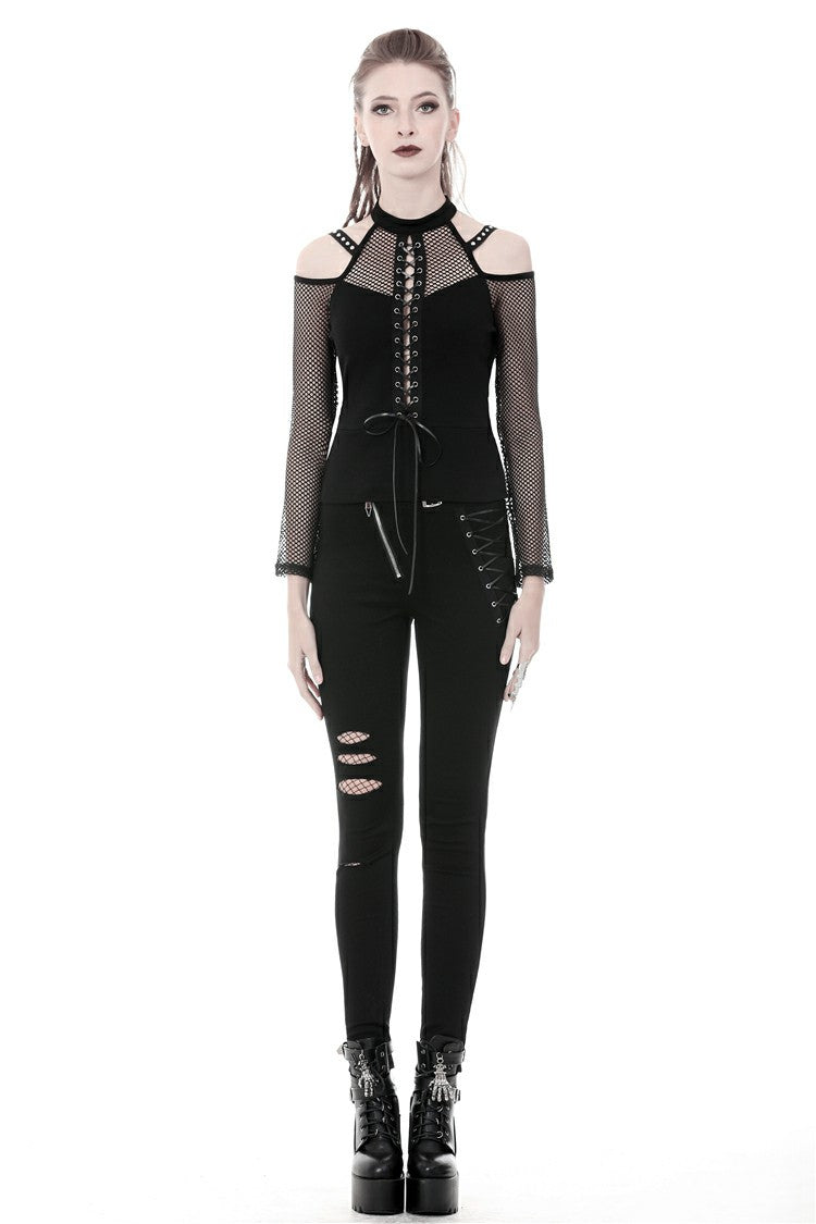 Black Off Shoulder Long Sleeves Lace-Up Mesh Women's Punk Top