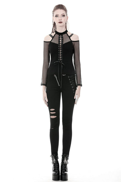 Black Off Shoulder Long Sleeves Lace-Up Mesh Women's Punk Top