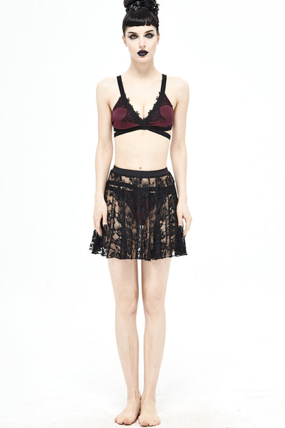 Black Lace Rose Mesh A-Line Women's Gothic Swimsuit Skirt