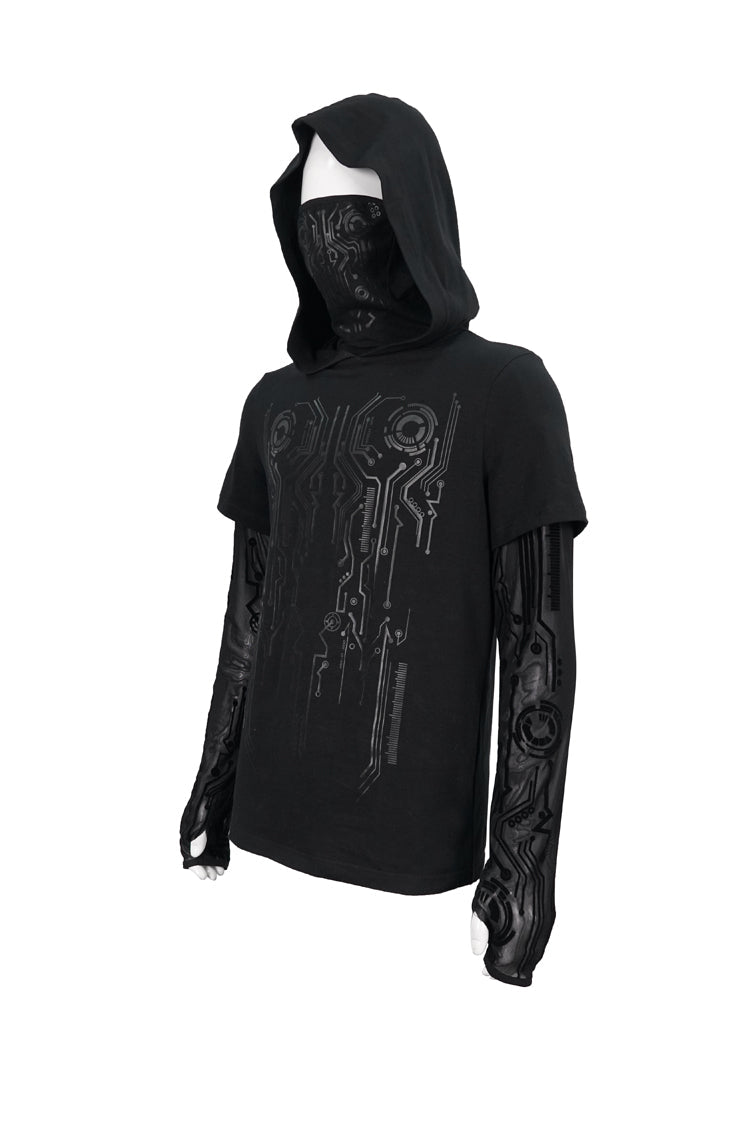Black Paneled Mesh Long Sleeve Super High Collar Masked Circuit Diagram Printed Hooded Knitted Men's Punk T-Shirt