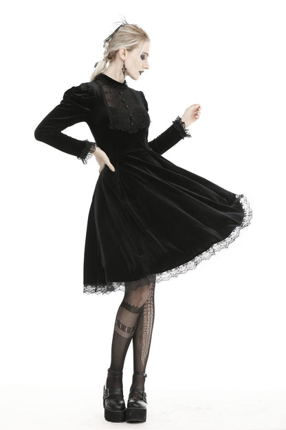 Black Lace Long Puff Sleeves Women's Gothic Velet Dress