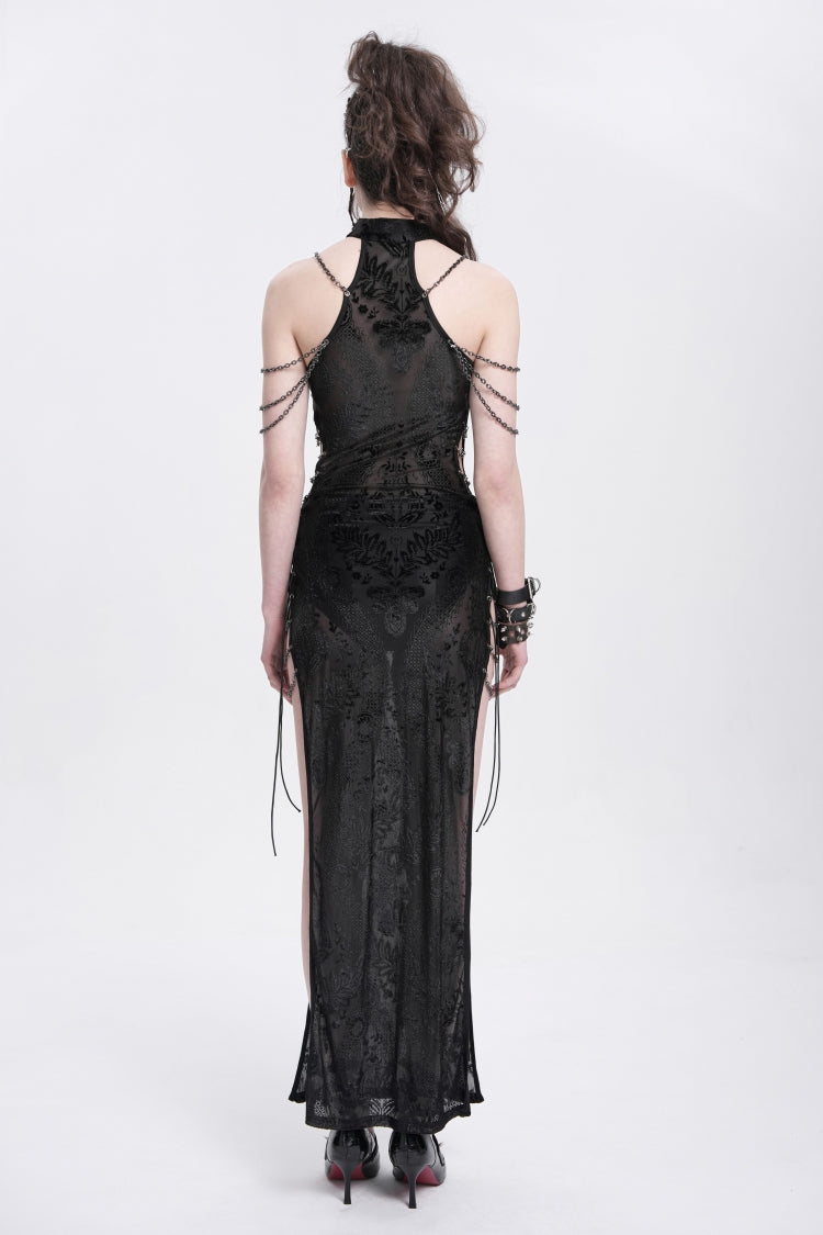 Black Halterneck Sleeveless Cheongsam Collar Side Slit Embroidery Women's Gothic Dress
