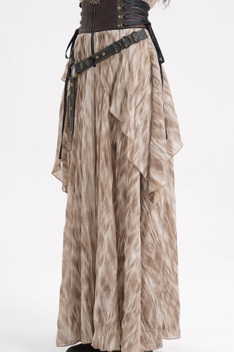 Apricot Ruffle Lace-Up Women's Gothic Eyelets Rivets Long Skirt
