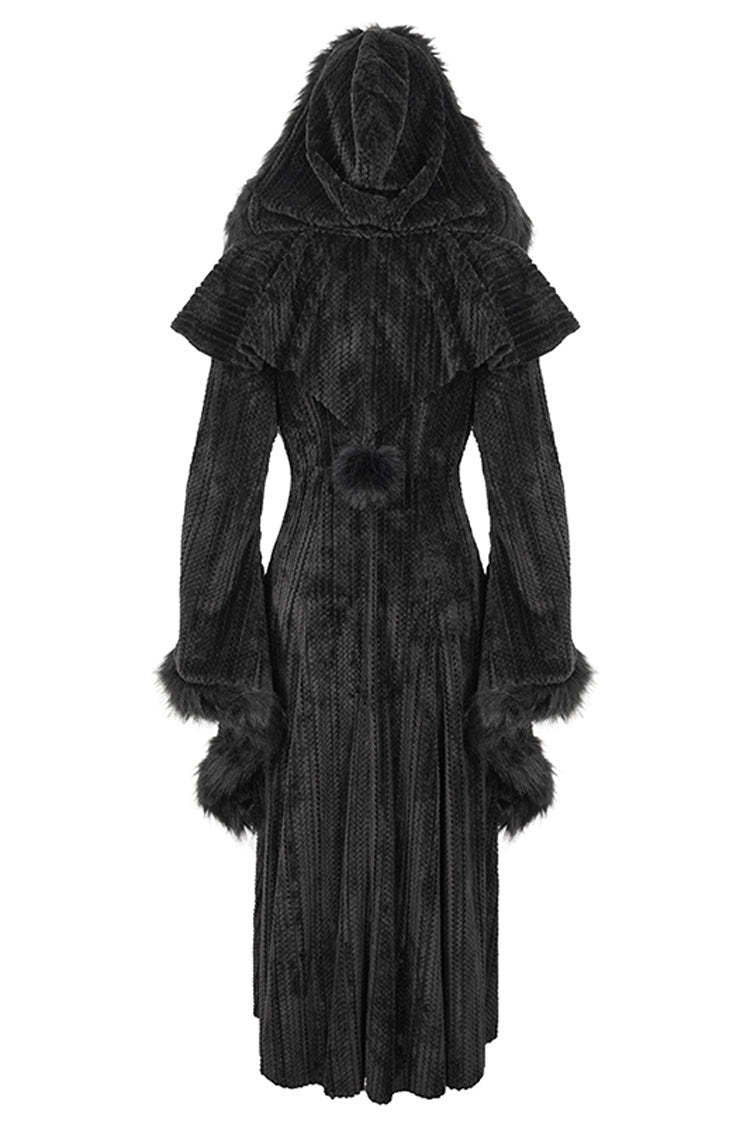 Black Flared Sleeved Fluffy Long Women's Gothic Coat With Hood
