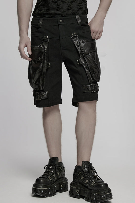 Black Big-pocket Faux Leather Stitching Men's Punk Shorts