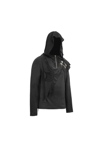 Black Long Sleeves Asymmetric Tatters Strip Leather Metal Loop Hooded Men's Punk T-Shirt